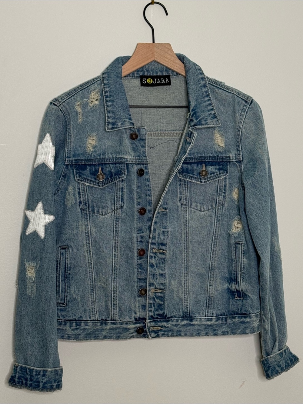 Distressed Rolling Stones Inspired+Stars Sequin Sleeve Denim Jacket by Sojara - Picture 7 of 8